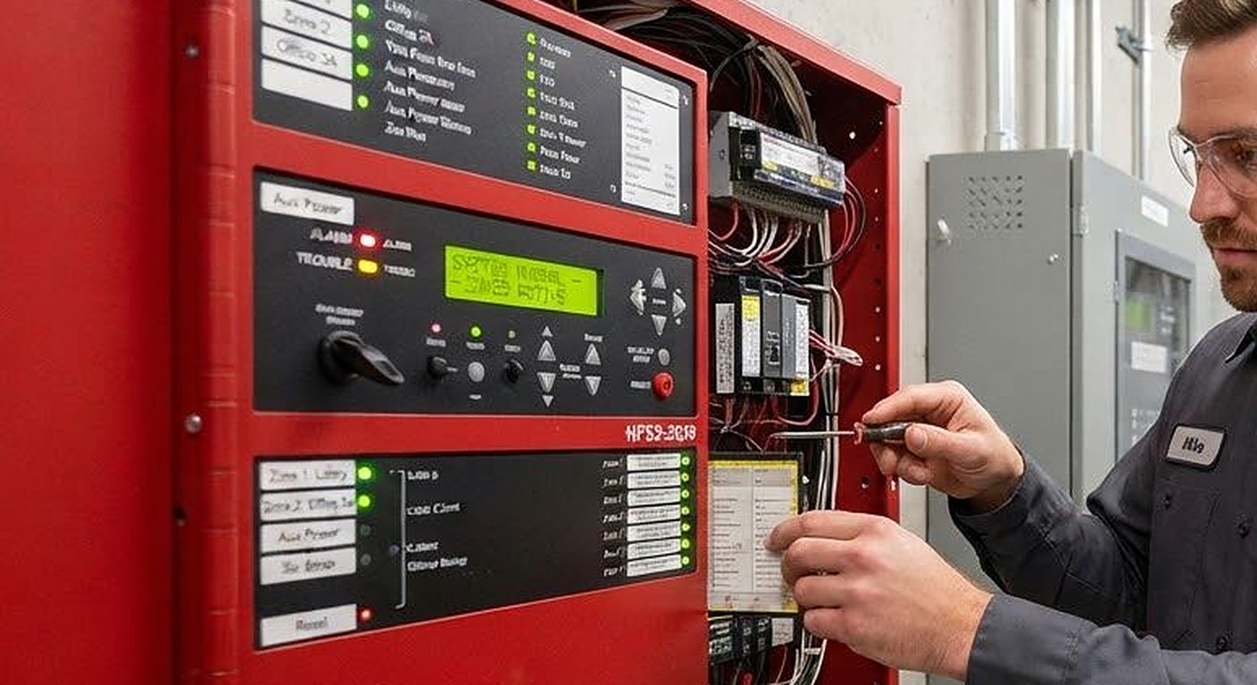 Close-up of a fire alarm control panel with alarm and trouble indicators lit