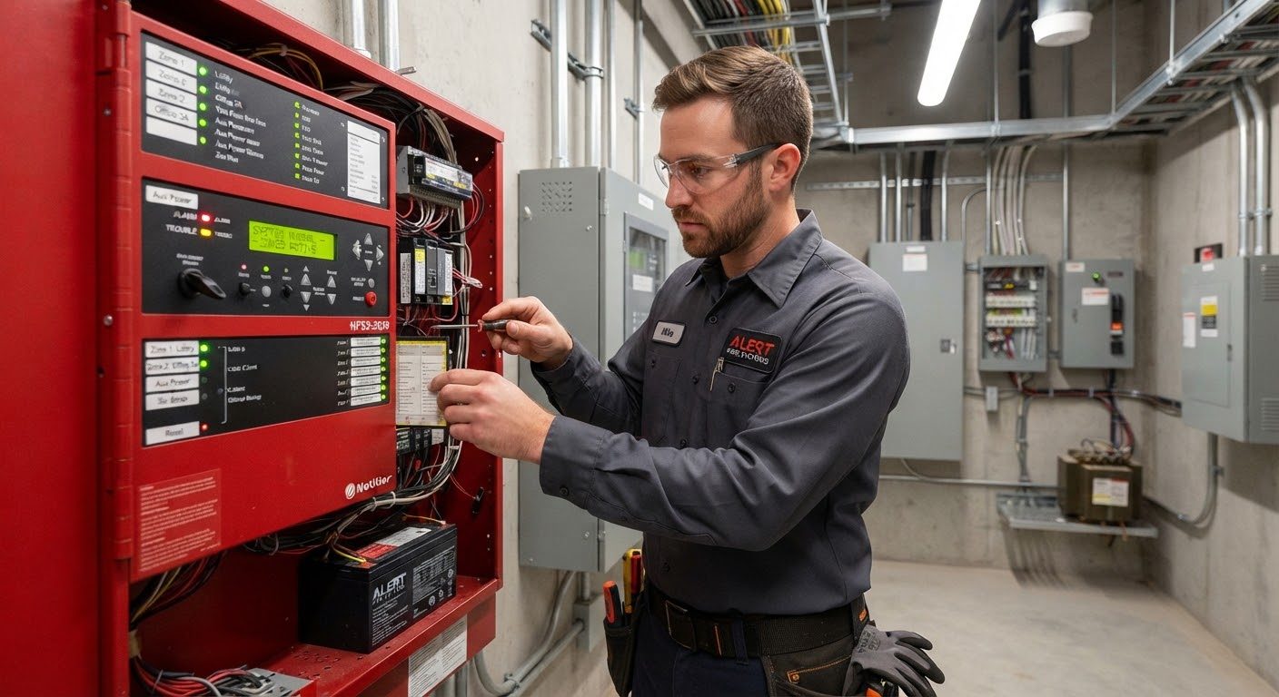 Technician servicing a commercial fire alarm control panel