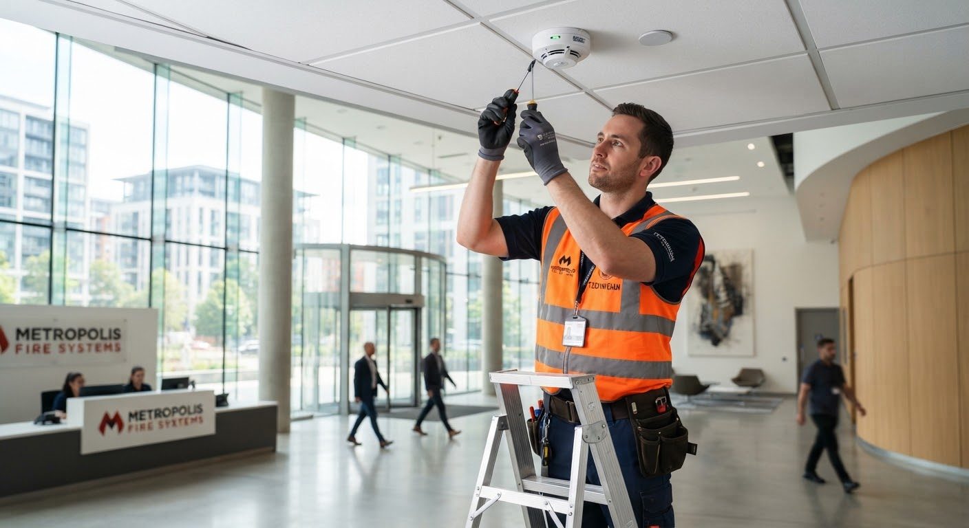 Technician installing a ceiling-mounted life safety device in a commercial lobby