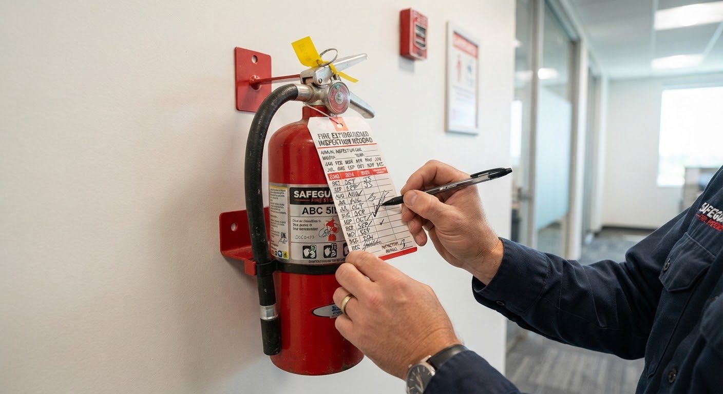 Technician completing a service tag during a fire protection visit