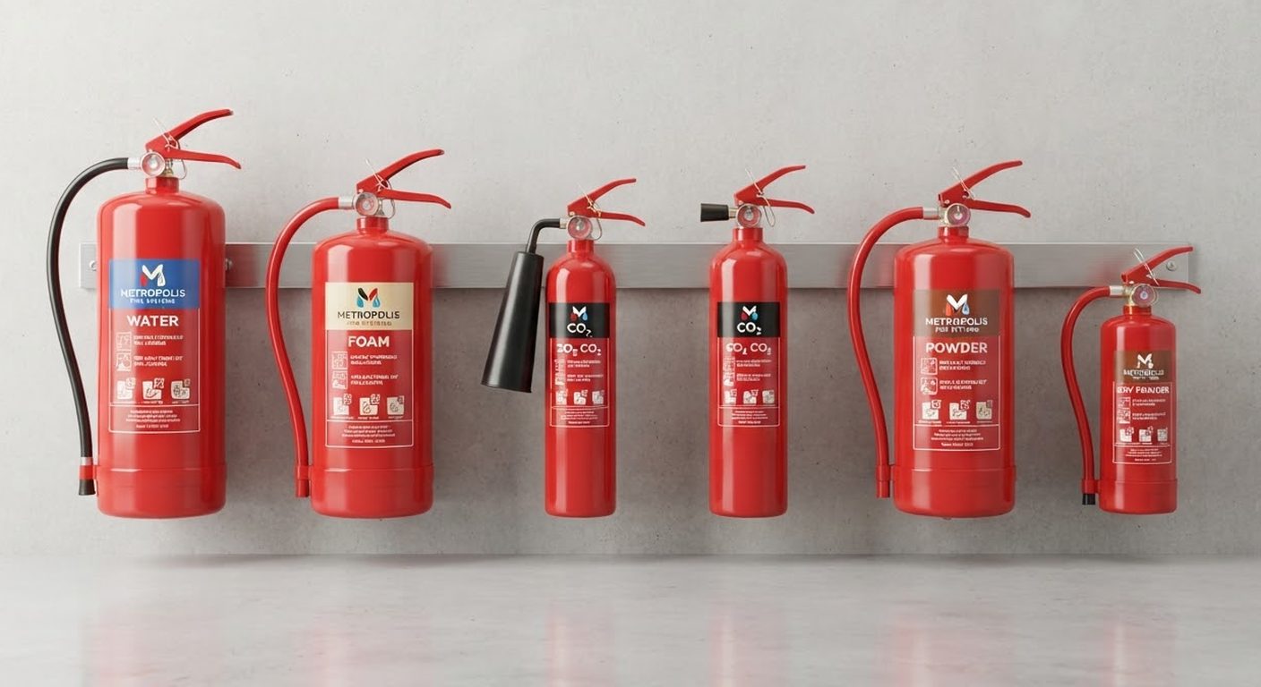 Row of serviced fire extinguishers of different classes mounted on a commercial wall rack