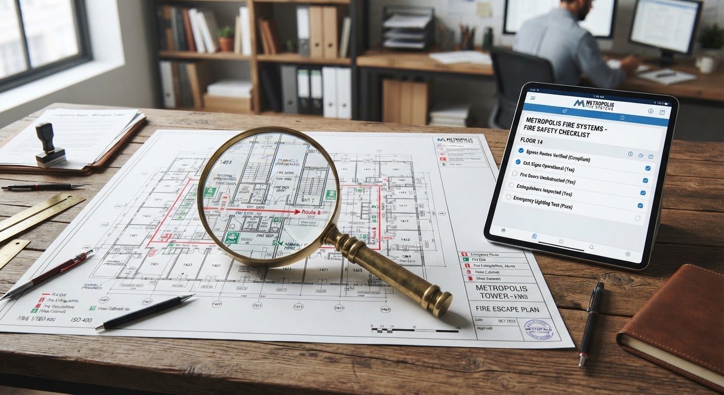 Fire escape floor plan being reviewed with a magnifying glass and compliance checklist