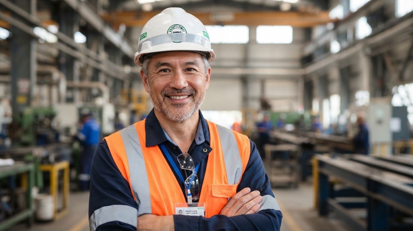 Fire protection technician in a high-visibility vest on an industrial floor