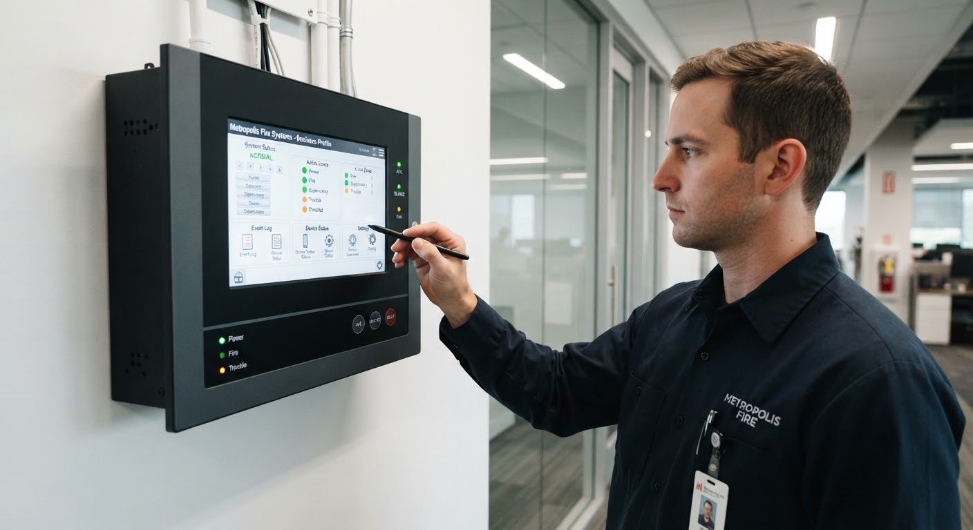 Technician checking a wall-mounted fire system panel in a commercial building