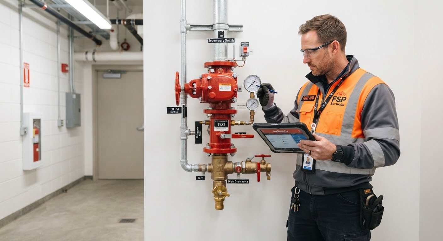 Technician checking gauges on a fire suppression system riser