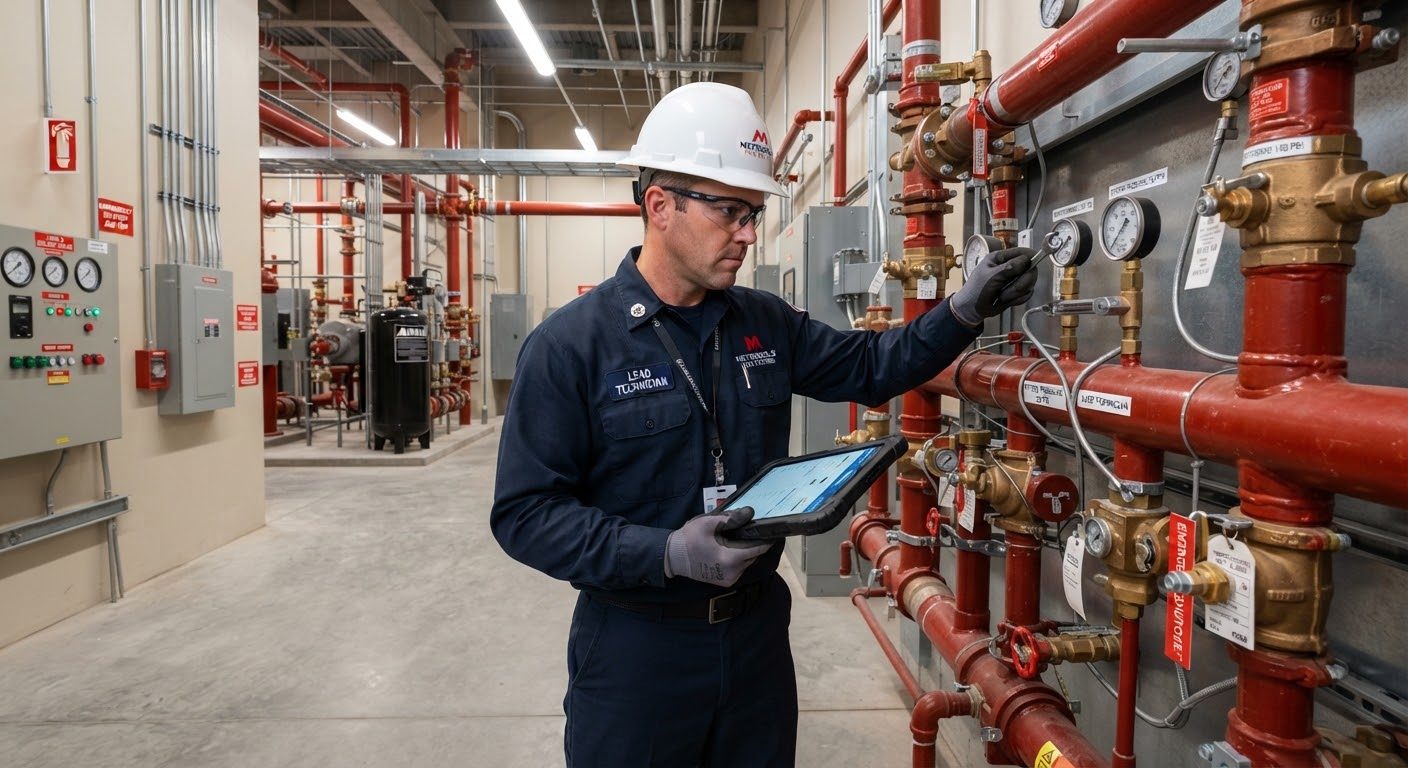 Technician recording a fire sprinkler riser inspection on a tablet
