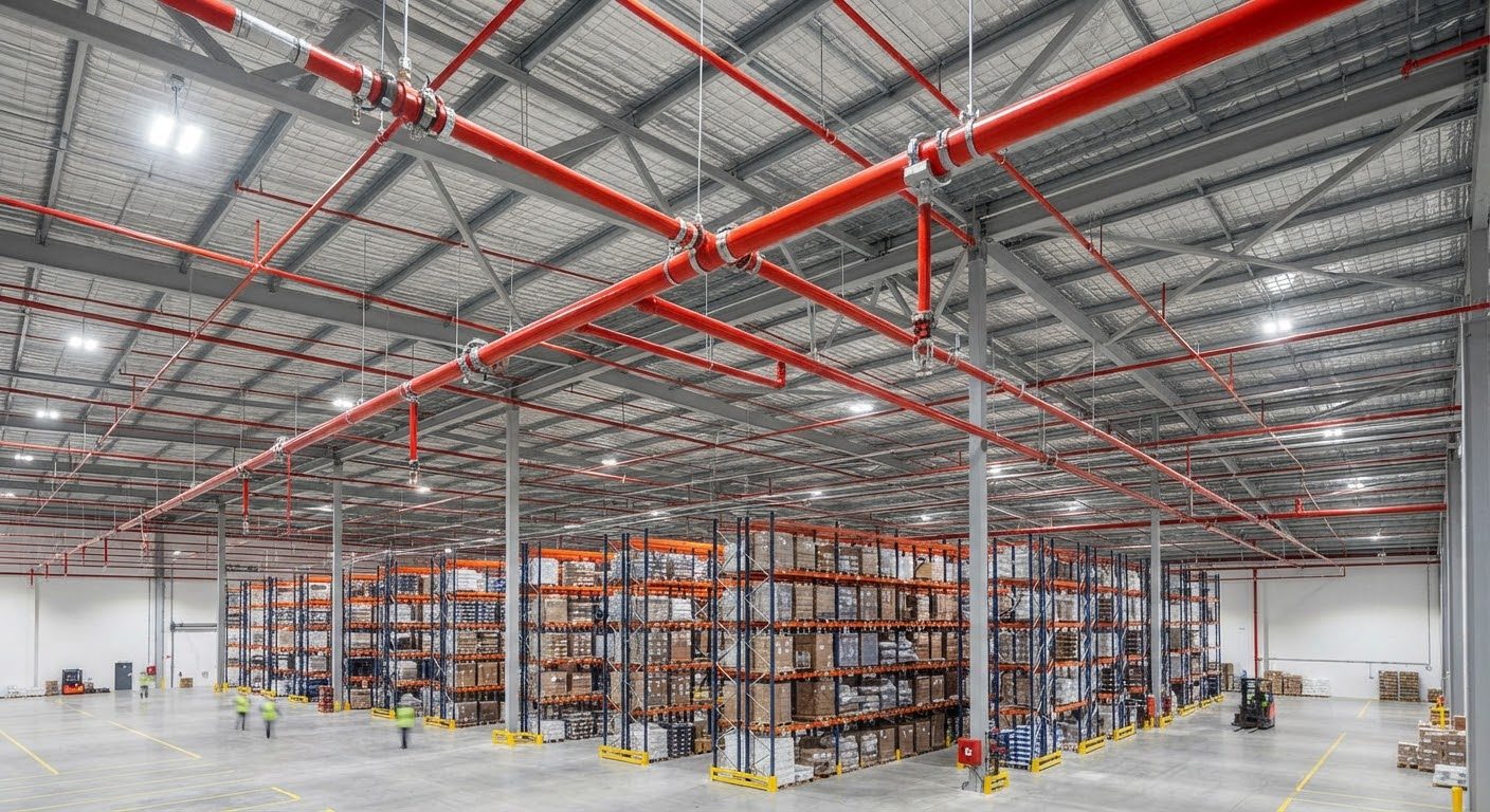 Red fire sprinkler distribution piping across a warehouse ceiling